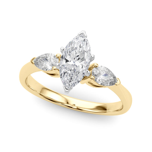 Three Stone Engagement Ring For Marquise Shape In 14K Yellow Gold and 1.58 Carat Marquise Shape Natural Diamond