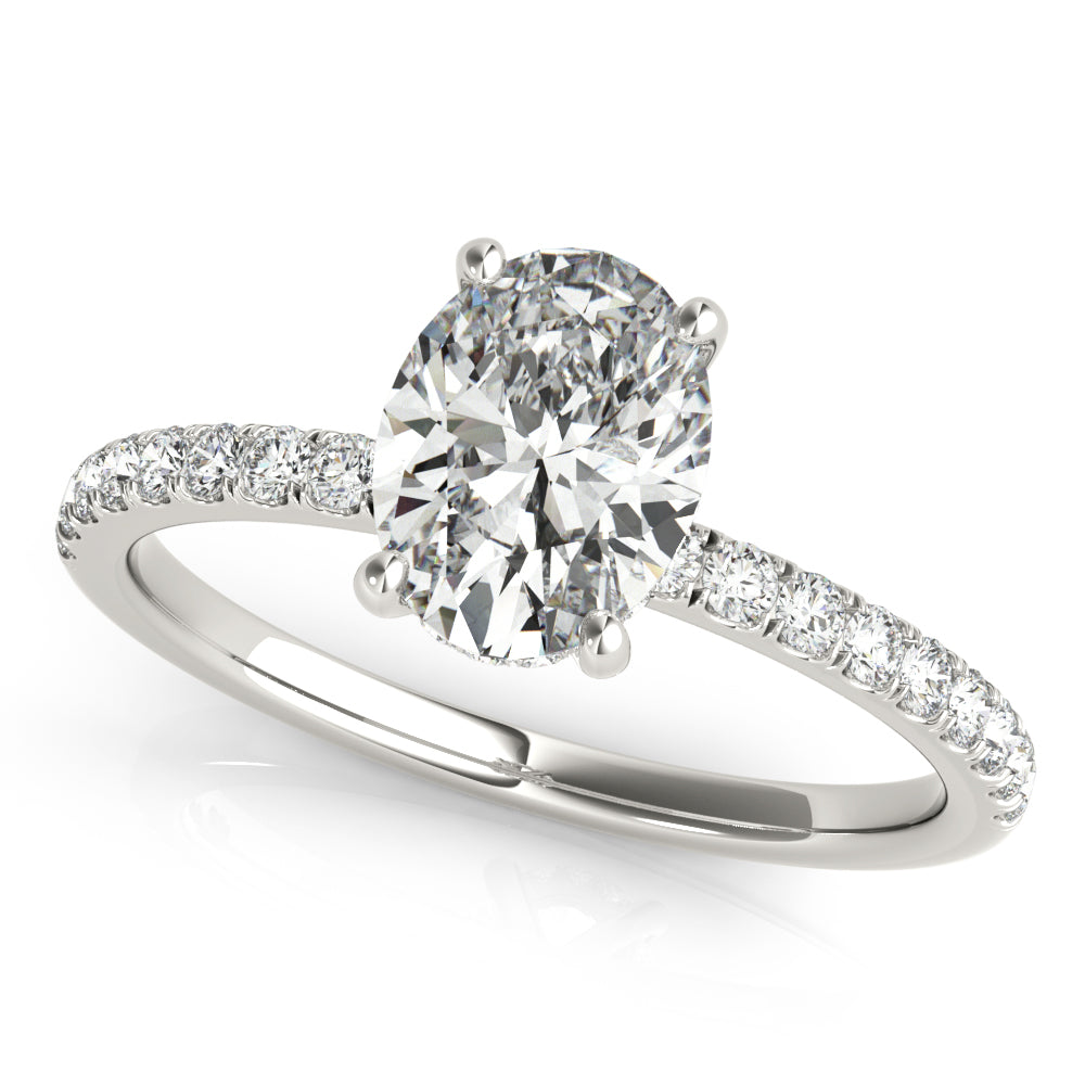 Oval Hidden Halo Engagement Ring, Diamond Band For Oval Shape In 14K White Gold and 2.01 Carat Oval Shape Lab Grown Diamond