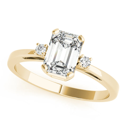 Three Stone Engagement Ring For Emerald Shape In 14K Yellow Gold and 0.3 Carat Emerald Shape Natural Diamond